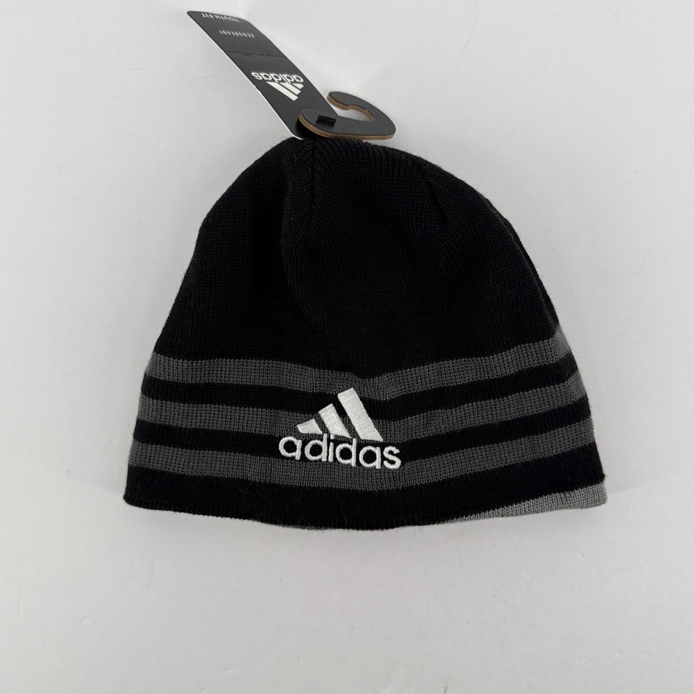 Adidas Youth Fit Aeroready Beanie Black Grey Striped Knit Hat OSFY 977578-J